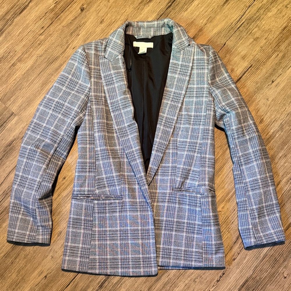 H&M Black Lined Blazer with Grey Plaid Collar Detail - 2
